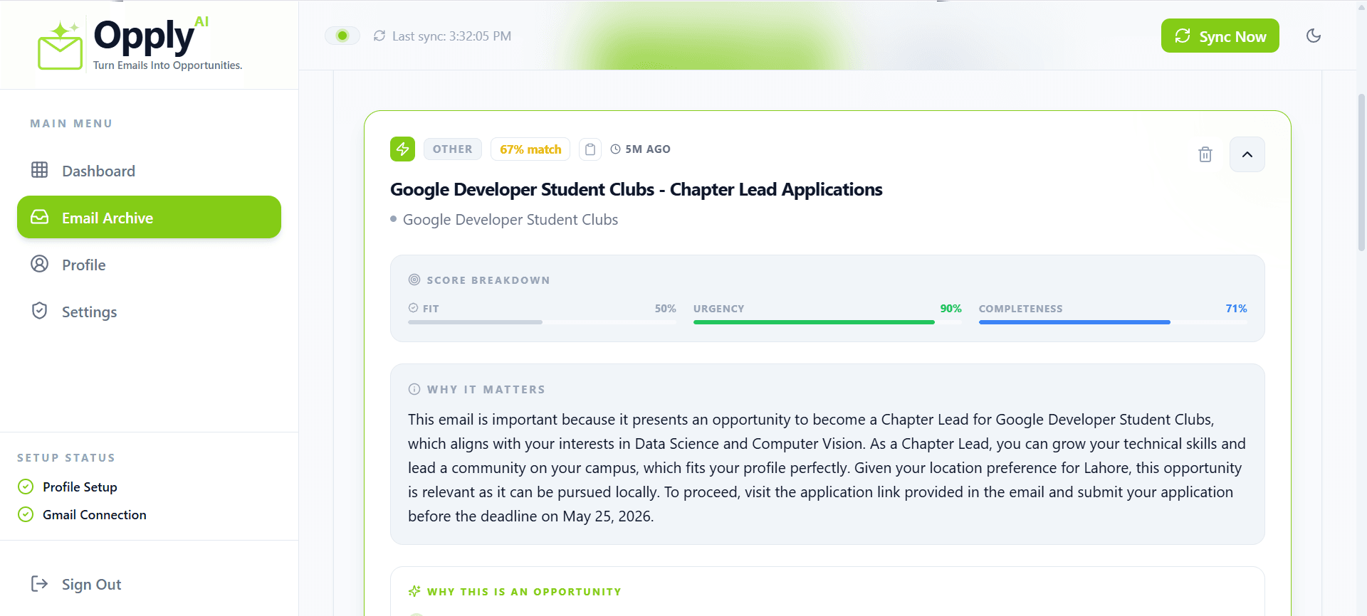 Opply AI dashboard showing extracted student opportunities from email