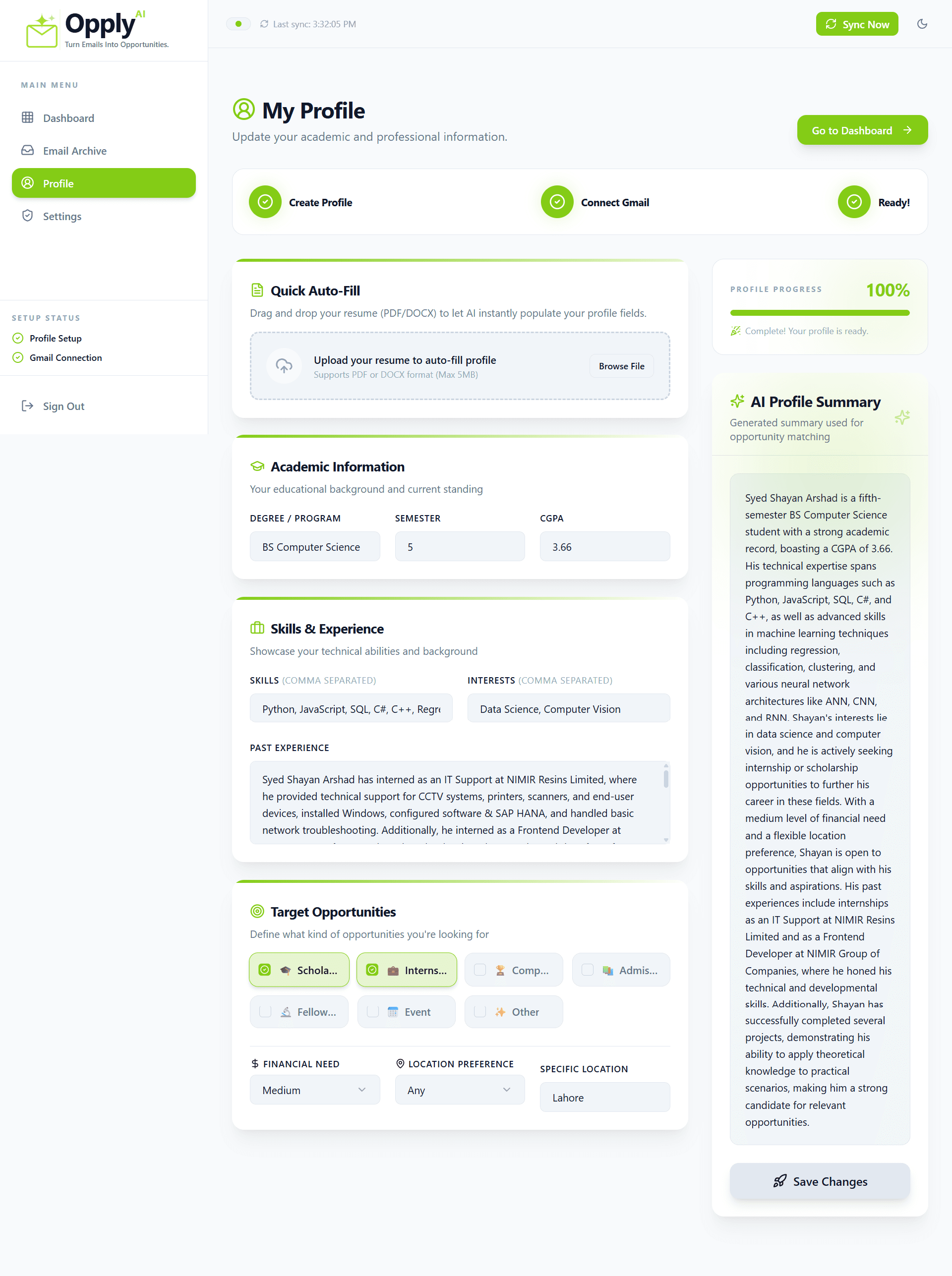 Opply email processing and structured opportunity extraction view
