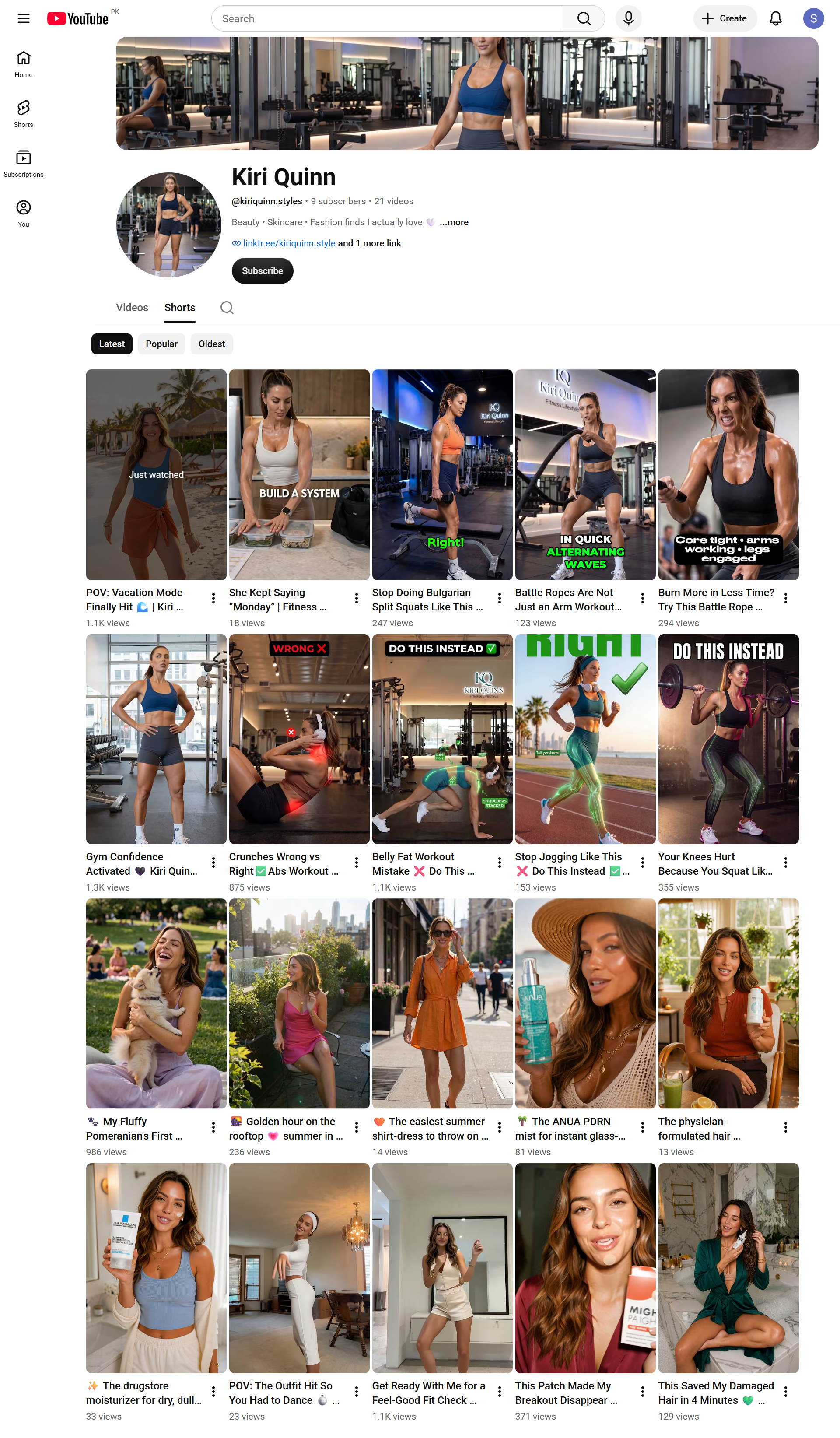 Kiri Gym YouTube channel showing fitness content produced by the same pipeline